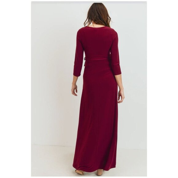 Womens Maternity Tie Front Wrap Maxi V- Neck Dress Size Large Burgundy Elegant - Picture 2 of 12